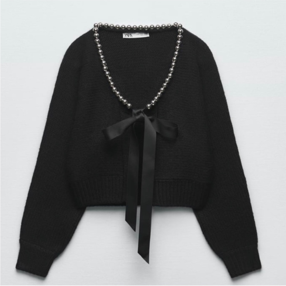 Zara bloggers favorite black knit pearls black satin bow small cardigan